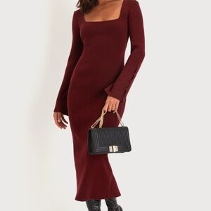Lulus Classy Attitude Burgundy Ribbed Square Neck Midi Sweater Dress Red